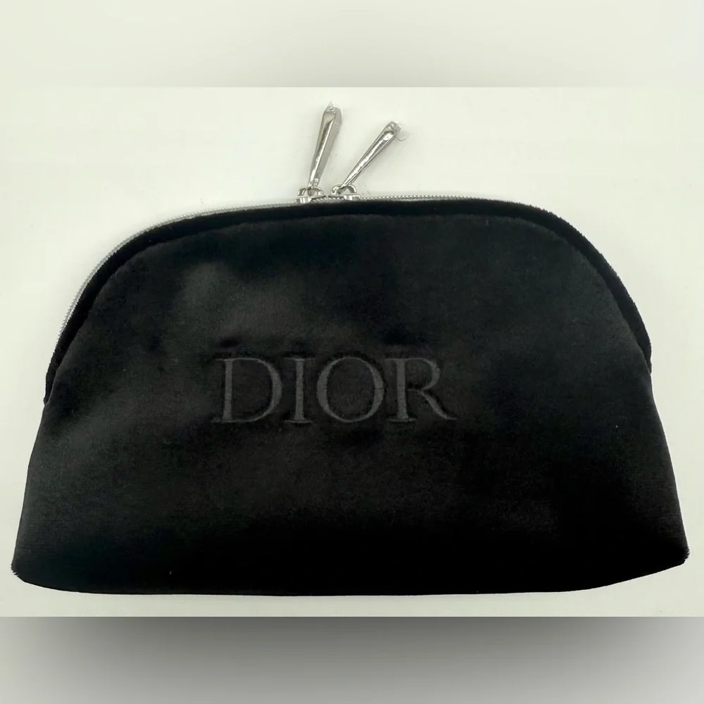 CHRISTIAN DIOR Velvet Embroidered Logo Zippered Luxury Makeup Pouch Bag OS NEW